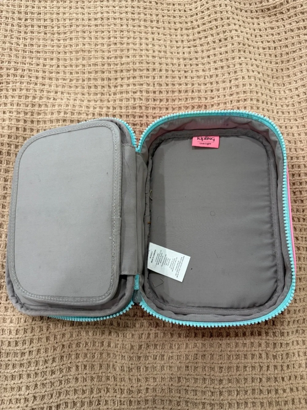 Kipling Pink Sketch Pencil Case with Aqua Trim and Pom-Pom Charm - Picture 4 of 6